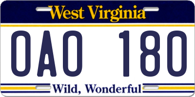 WV license plate OAO180