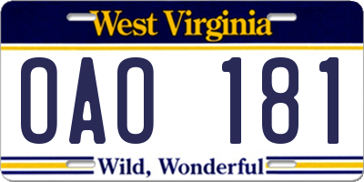 WV license plate OAO181