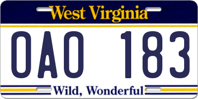 WV license plate OAO183
