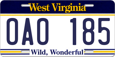 WV license plate OAO185