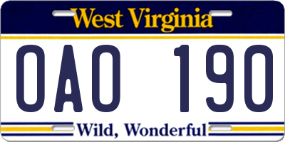WV license plate OAO190