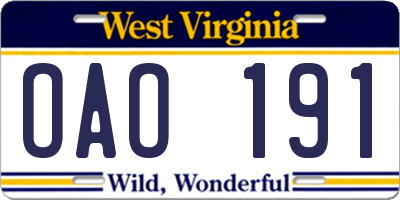 WV license plate OAO191