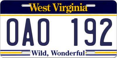 WV license plate OAO192