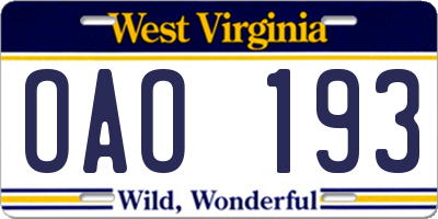 WV license plate OAO193