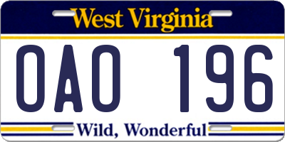 WV license plate OAO196