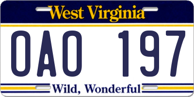 WV license plate OAO197
