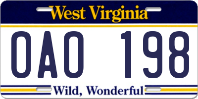 WV license plate OAO198