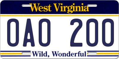 WV license plate OAO200