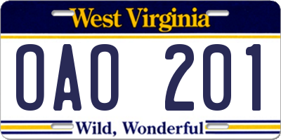 WV license plate OAO201