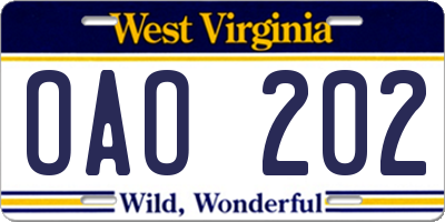 WV license plate OAO202