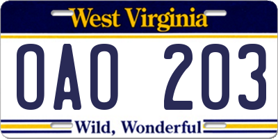 WV license plate OAO203