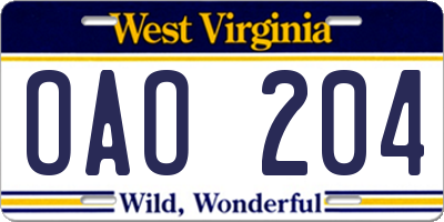 WV license plate OAO204