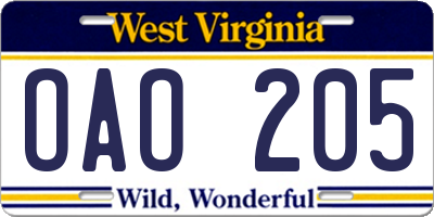 WV license plate OAO205