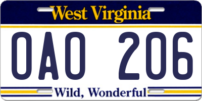 WV license plate OAO206