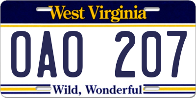 WV license plate OAO207