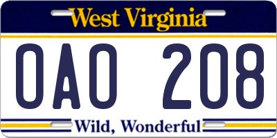 WV license plate OAO208