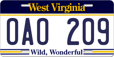 WV license plate OAO209