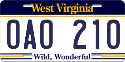 WV license plate OAO210