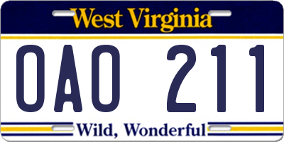 WV license plate OAO211