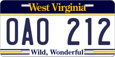 WV license plate OAO212