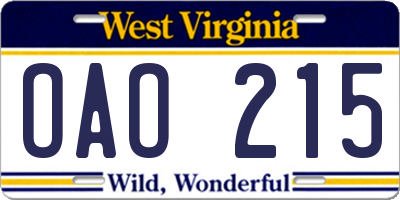 WV license plate OAO215