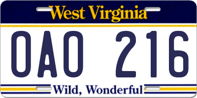 WV license plate OAO216