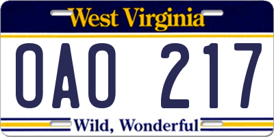 WV license plate OAO217