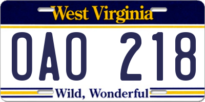 WV license plate OAO218