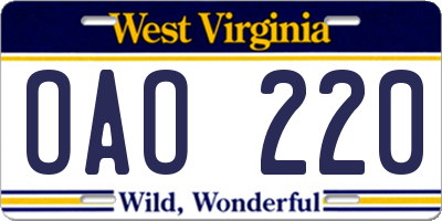 WV license plate OAO220