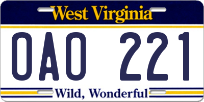 WV license plate OAO221