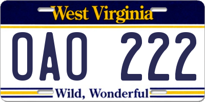 WV license plate OAO222
