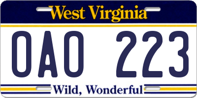 WV license plate OAO223