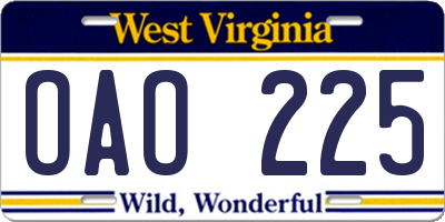 WV license plate OAO225