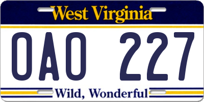 WV license plate OAO227