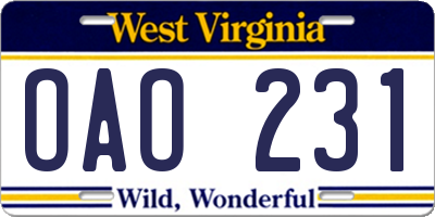 WV license plate OAO231