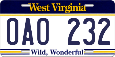 WV license plate OAO232