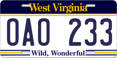 WV license plate OAO233