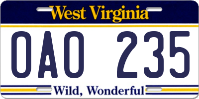 WV license plate OAO235