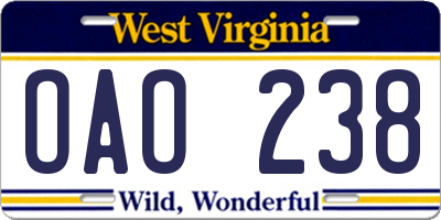 WV license plate OAO238