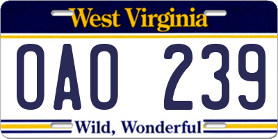 WV license plate OAO239