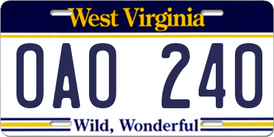 WV license plate OAO240