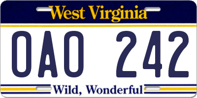 WV license plate OAO242