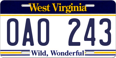 WV license plate OAO243