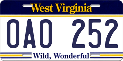 WV license plate OAO252