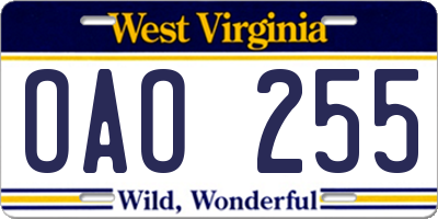 WV license plate OAO255