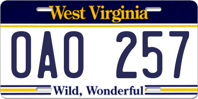 WV license plate OAO257
