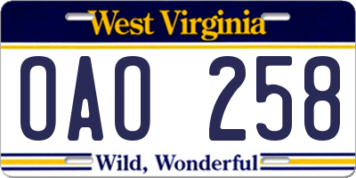 WV license plate OAO258
