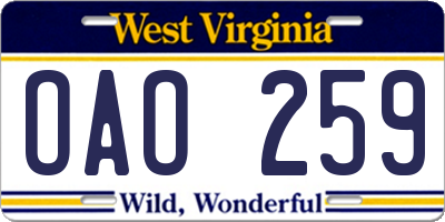 WV license plate OAO259