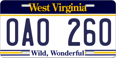 WV license plate OAO260