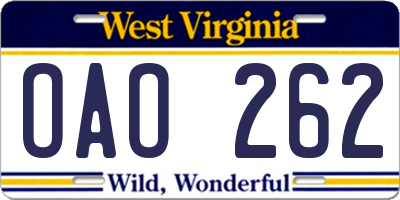 WV license plate OAO262
